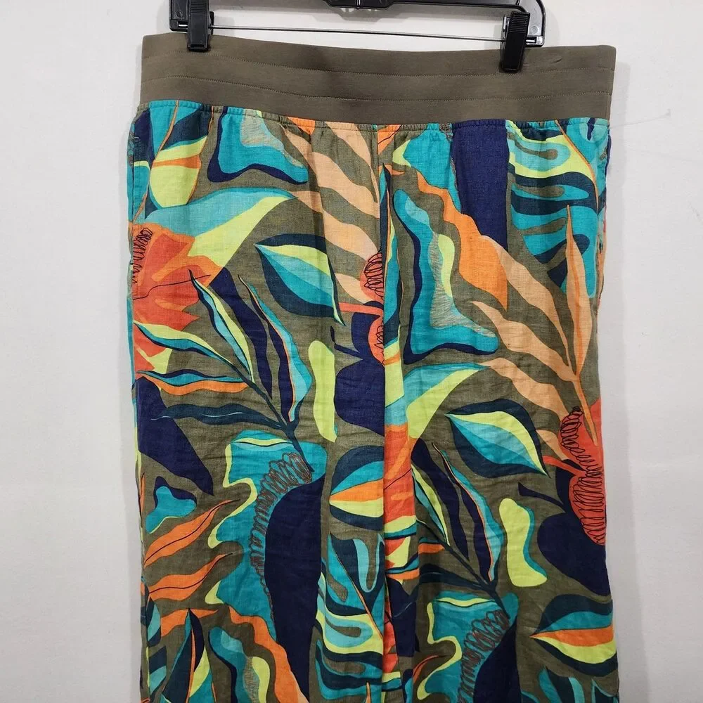 Soft Surroundings Aliso Point Tropical Linen Pants Hawaiian Green Wide Leg Sz L